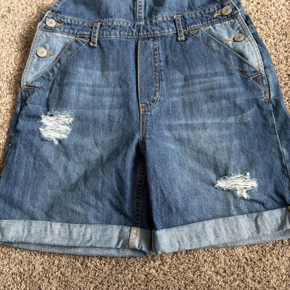 Gap Kids XXL 14 Distressed Denim Short Overalls Bib Shorts Adjustable Straps #14